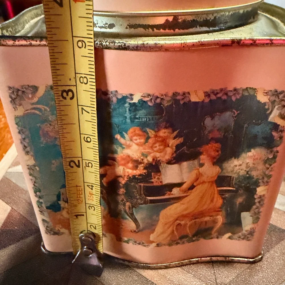 Vintage Decorative Peach  Pink Metal Canister with Cherub Panel‎ Victorian